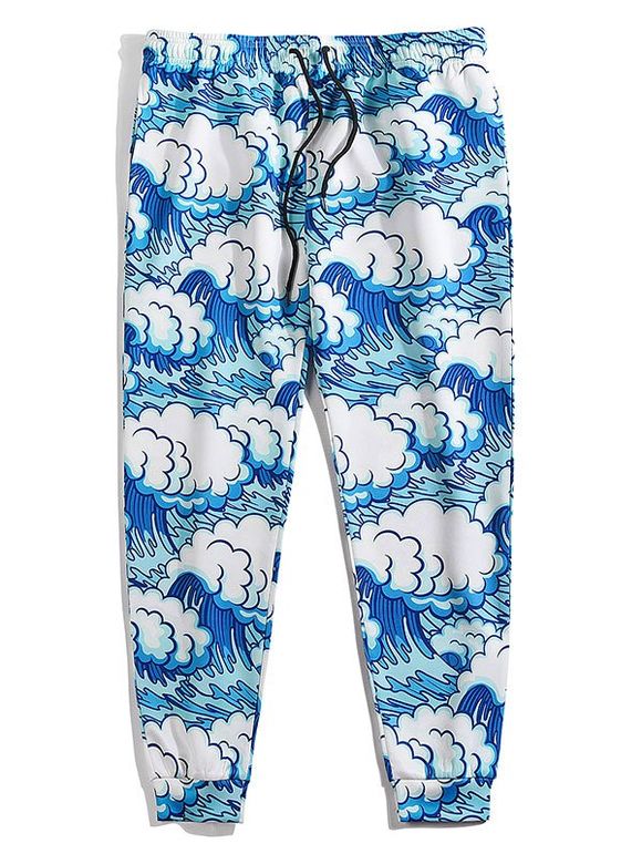 Pantalon à Imprimé Vague d'Océan à Pieds Etroits - Bleu Cristal 2XL