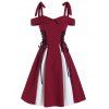 Contrast Godet Corset Style Cold Shoulder Lace-up Flare Dress - RED WINE 3XL