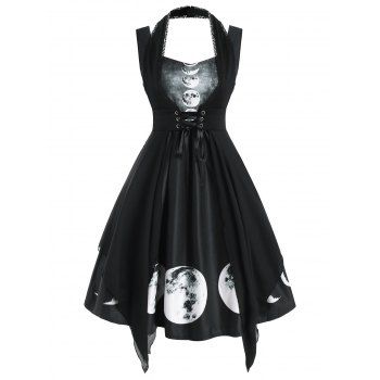 

Sweetheart Lunar Eclipse Print Dress with Lace Insert Corset, Black
