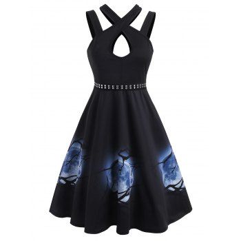 

Halloween Moon Print Rivet Keyhole Sleeveless Dress, Black