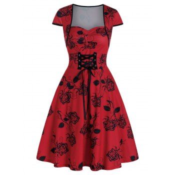 

Floral Print Lace Up Cap Sleeve A Line Dress, Lava red
