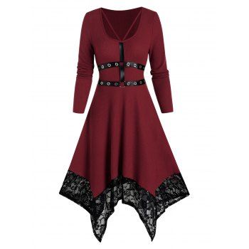 

Grommet Cage Strap Lace Trim Knitted Asymmetrical Dress, Red wine