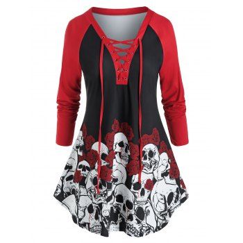 

Plus Size Lace-up Halloween Skull Raglan Sleeve Tee, Black