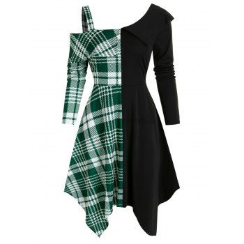 

Open Shoulder Contrast Plaid Insert High Waist Asymmetrical Dress, Deep green