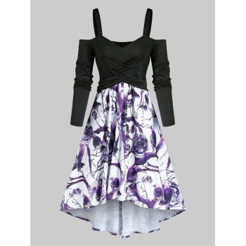 

Crisscross Floral Print Open Shoulder High Low Dress, Black