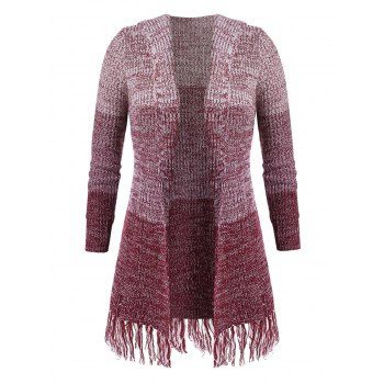 

Plus Size Open Front Fringed Cardigan, Deep red