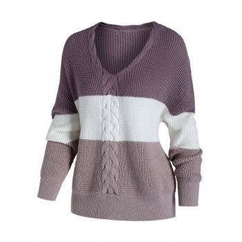 

Plus Size Cable Chunky Knit Colorblock Sweater, Light pink