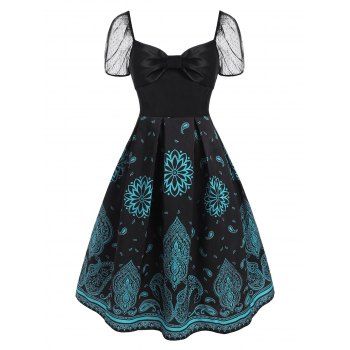 

Flower Paisley Print Lace Puff Sleeve Bowknot Dress, Black