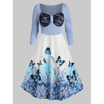 

2 in 1 Butterfly Print High Waist A Line Dress, Multicolor a