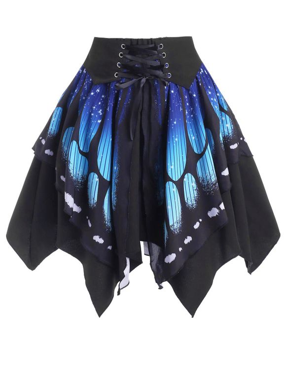 Lace Up Galaxy Butterfly Print Handkerchief Skirt - BLUE S