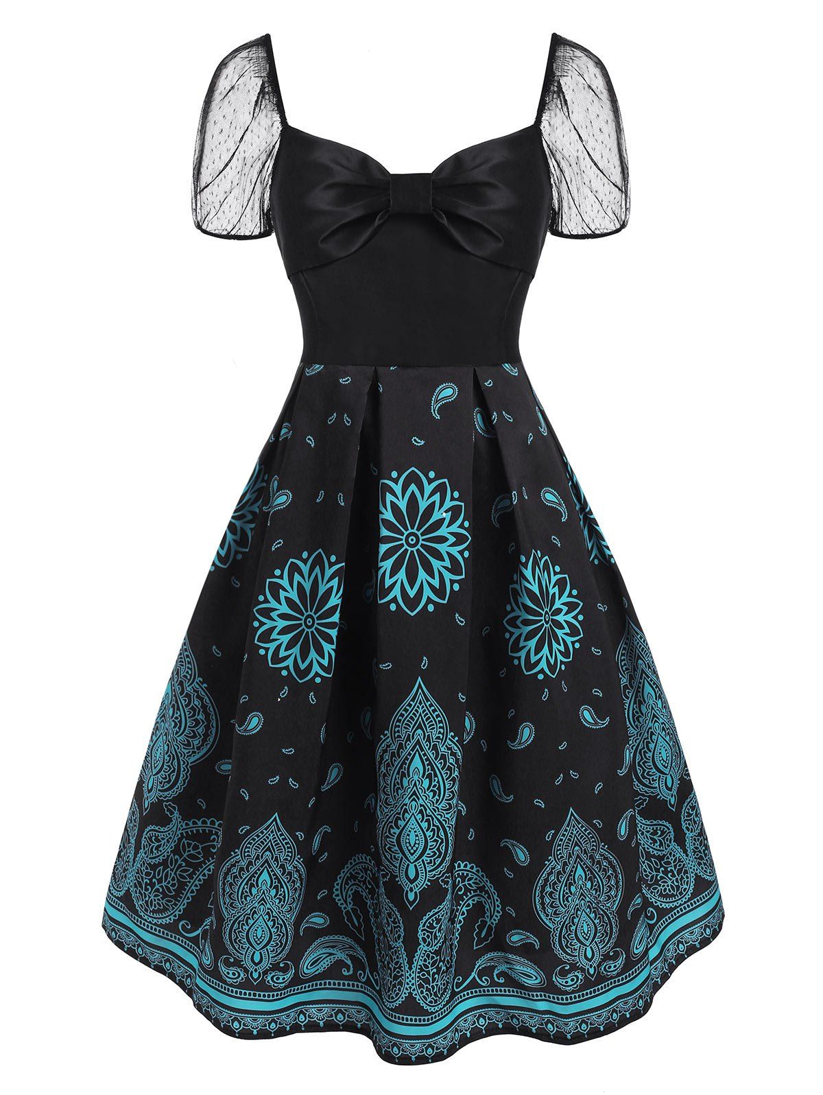 Flower Paisley Print Lace Puff Sleeve Bowknot Dress - BLACK 2XL