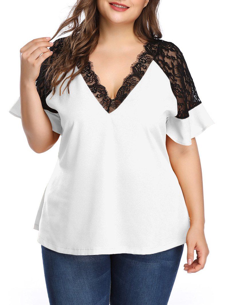 [5% OFF] 2020 Plus Size Contrast Lace Low Cut Blouse In WHITE | DressLily