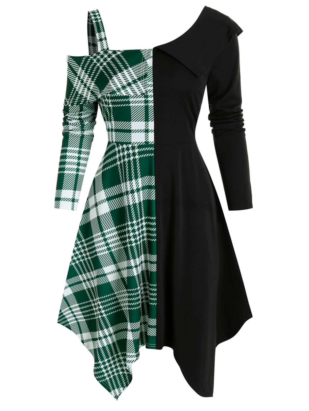 Open Shoulder Contrast Plaid Insert High Waist Asymmetrical Dress - DEEP GREEN 3XL