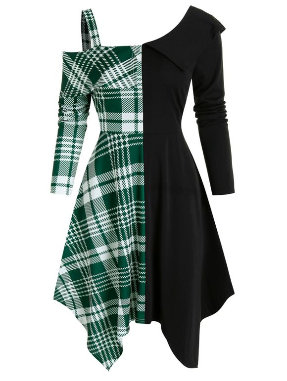 Open Shoulder Contrast Plaid Insert High Waist Asymmetrical Dress - DEEP GREEN XL