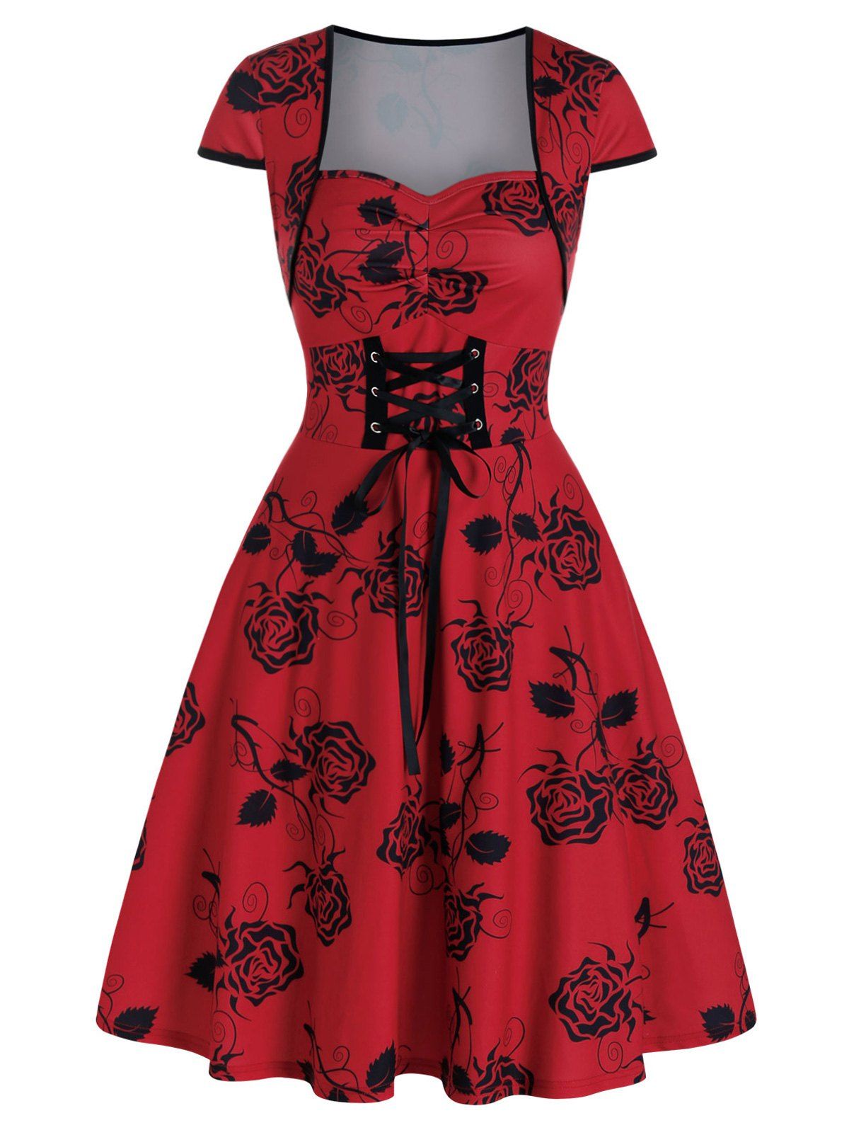 Floral Print Lace Up Cap Sleeve A Line Dress - LAVA RED M