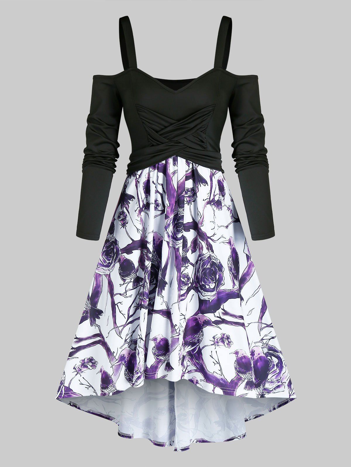 Crisscross Floral Print Open Shoulder High Low Dress - BLACK XL