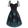 Flower Paisley Print Lace Puff Sleeve Bowknot Dress - BLACK 2XL