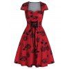 Floral Print Lace Up Cap Sleeve A Line Dress - LAVA RED M