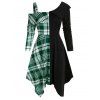 Open Shoulder Contrast Plaid Insert High Waist Asymmetrical Dress - DEEP GREEN XL