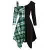 Robe Asymétrique Contrastée à Carreaux Epaule Dénudée à Taille Haute - Vert profond 2XL