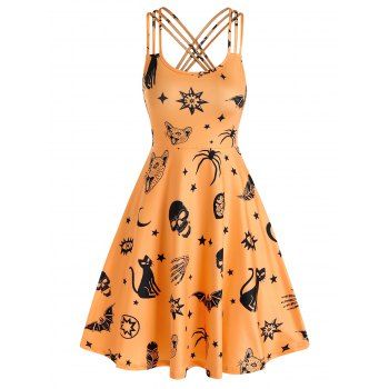 

Skull Animal Print Cami Gothic A Line Dress, Halloween orange