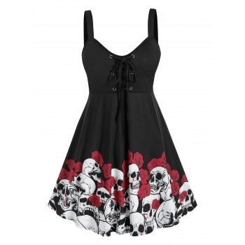 

Plus Size Halloween Skull Flower A Line Tank Top, Black