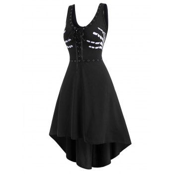 

Grommet Lace-up Halloween Skeleton High Low Tank Dress, Black