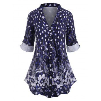 

Plus Size Roll Up Sleeve Floral Print Blouse, Deep blue