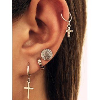 

4Pcs Cross Rhinestone Hoop Earrings Set, Silver