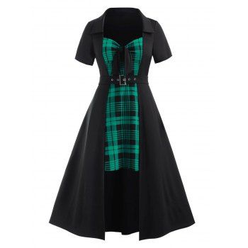 

Plus Size Plaid Splicing Bowknot Asymmetric Dress, Sea turtle green