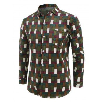

Colorblock Grid Pattern Corduroy Button Up Shirt, Brown