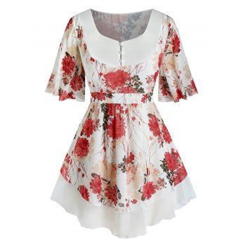 

Plus Size Flower Print Chiffon Short Sleeve Blouse, Warm white
