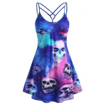 

Plus Size Hallowmas Lattice Tie Dye Skulls Print Cami Dress, Blue