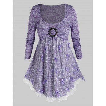 

Plus Size Lace Overlay Butterfly Space Dye Long Sleeve Tee, Mauve