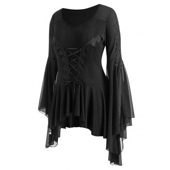 

Plus Size Lace Applique Lace-up Voluminous Sleeve Asymmetrical Gothic Top, Black