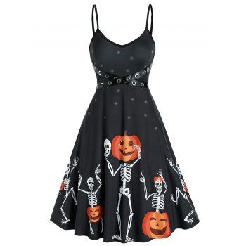 

Halloween A Line Mini Dress Gothic Skeleton Pumpkin Pattern Grommet Cami Dress, Black