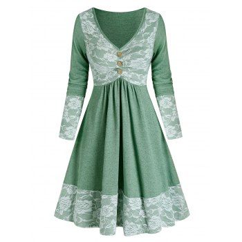 

Vintage Flare Mini Dress Rose Flower Lace Panel Button Long Sleeve V Neck Dress, Sea green