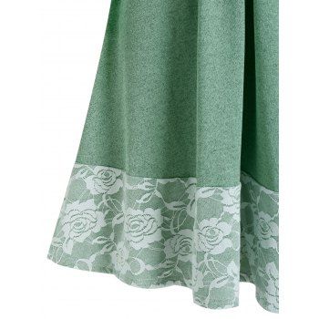 Vintage Flare Mini Dress Rose Flower Lace Panel Button Long Sleeve V Neck Dress