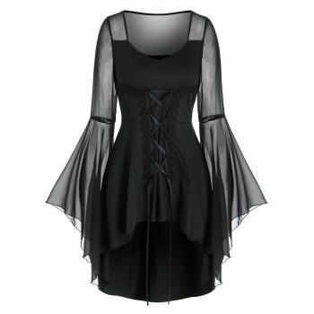 

Gothic Sheer Bell Sleeve High Low T Shirt, Black