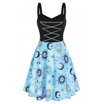 

Metal Chain Starry Print High Waist Cami Dress, Black