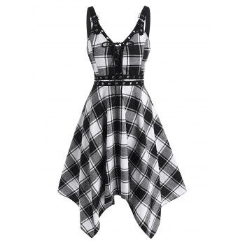 

Plaid Flannel Grommet Lace-up Handkerchief Dress, Black