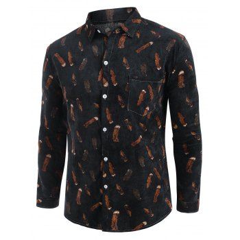 

Feather Print Pocket Casual Corduroy Shirt, Black