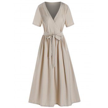 

Pintuck Detail Belted Surplice Dress, Light coffee