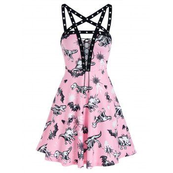 

Animal Skeleton Print Punging Neck Grommet Strap Mini Dress, Pink