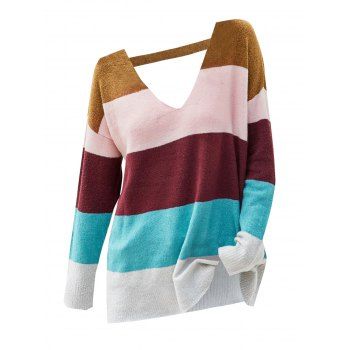 

Plus Size V Neck Colorblock Sweater, Multicolor