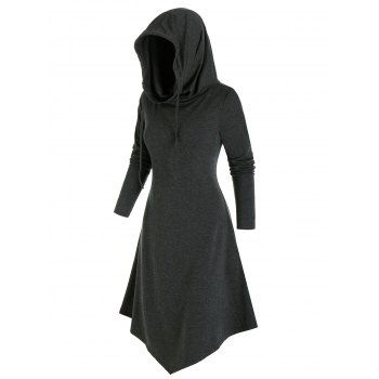 

Hooded Pointed Hem Lace-up Heathered Midi Dress, Ash gray