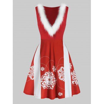 

Christmas Snowflake Print Faux Fur Sleeveless Dress, Red