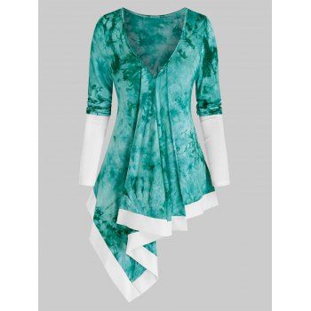 

Tie Dye Print Plunge Neck Asymmetric T-shirt, Medium turquoise