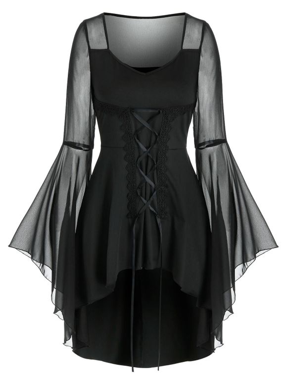 T-shirt Gothique Haut Bas Transparent à Manches de Cloche - Noir 3XL