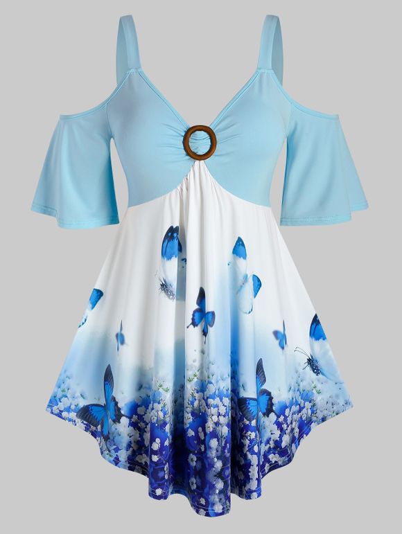 T-Shirt à Épaules Dénudées Motif Papillons et Fleurs Grande-Taille - Bleu clair 3X